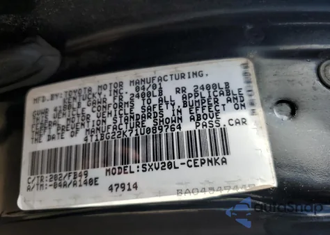 2001 Toyota Camry Ce z USA, uszkodzony, nr VIN 4T1BG22K71U089764